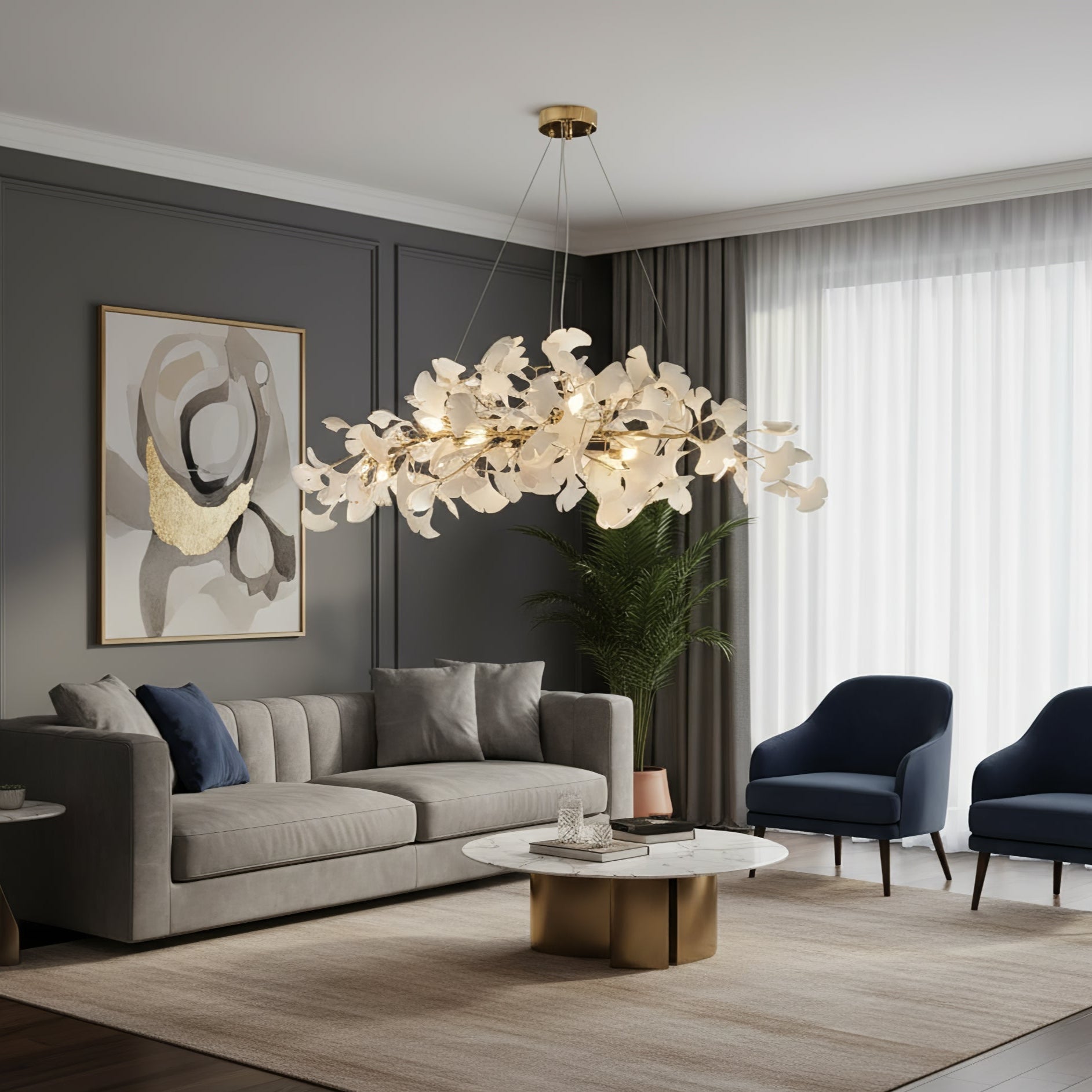 Ginkgo Tree Ceramic Petal Chandelier 70 in x 27.6 in Gold Indoor Ceiling Light | Thomler