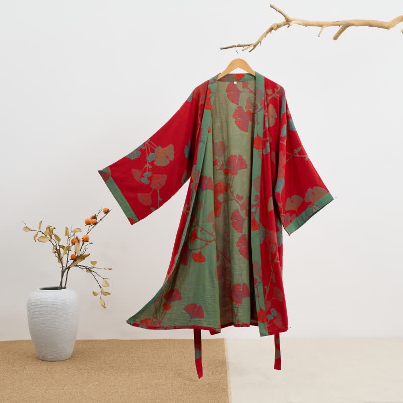 Reversible Cotton Kimono Robe with Ginkgo Leaf Print for Women - Lightweight Spa Bathrobe with Belt & Dual-Tone Design | Thomler