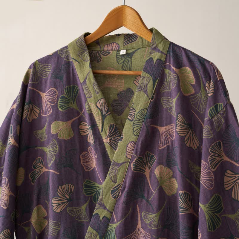 Cotton Gauze Kimono Robe Women Men Lightweight Bathrobe Ginkgo Leaf Pattern Unisex Loungewear Spa Wrap Housecoat Sleepwear Quick-Dry | Thomler