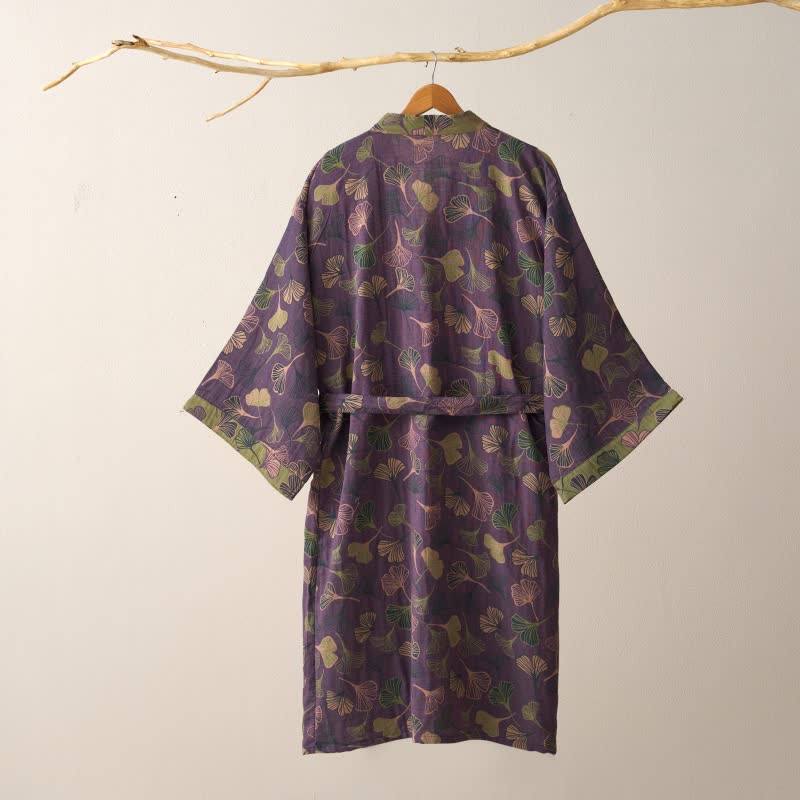 Cotton Gauze Kimono Robe Women Men Lightweight Bathrobe Ginkgo Leaf Pattern Unisex Loungewear Spa Wrap Housecoat Sleepwear Quick-Dry | Thomler