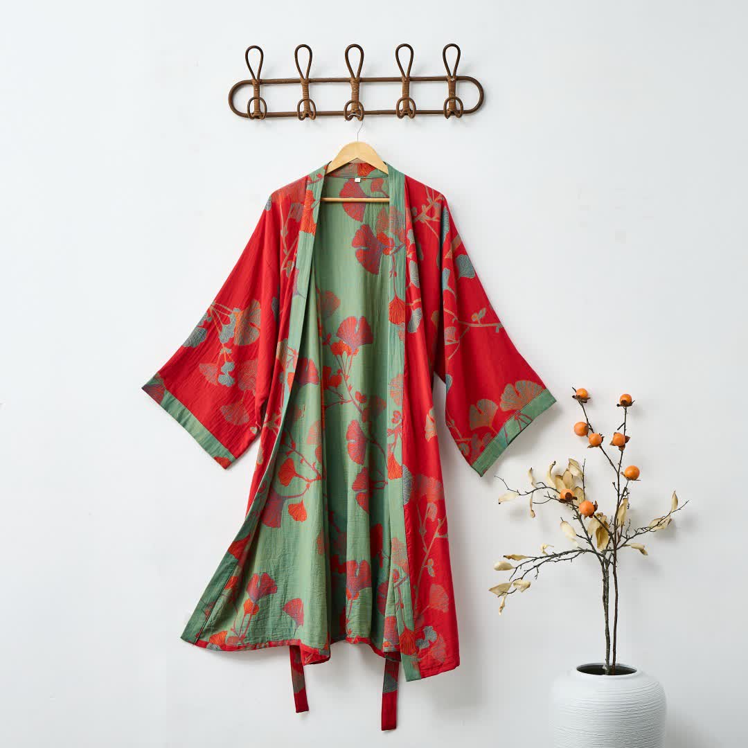 Reversible Cotton Kimono Robe with Ginkgo Leaf Print for Women - Lightweight Spa Bathrobe with Belt & Dual-Tone Design | Thomler