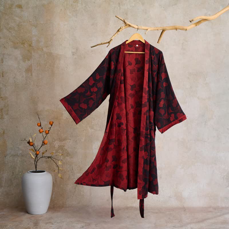 Cotton Gauze Kimono Robe Women Men Lightweight Bathrobe Ginkgo Leaf Pattern Unisex Loungewear Spa Wrap Housecoat Sleepwear Quick-Dry | Thomler
