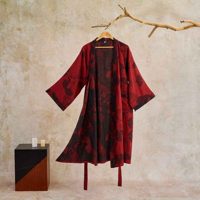 Women's Japanese-Style Cotton Gauze Robe with Oversized Botanical Print | Lightweight Kimono Wrap for Loungewear & Sleepwear | Thomler