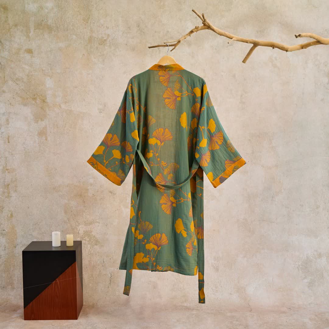 Women's Japanese-Style Cotton Gauze Robe with Oversized Botanical Print | Lightweight Kimono Wrap for Loungewear & Sleepwear | Thomler