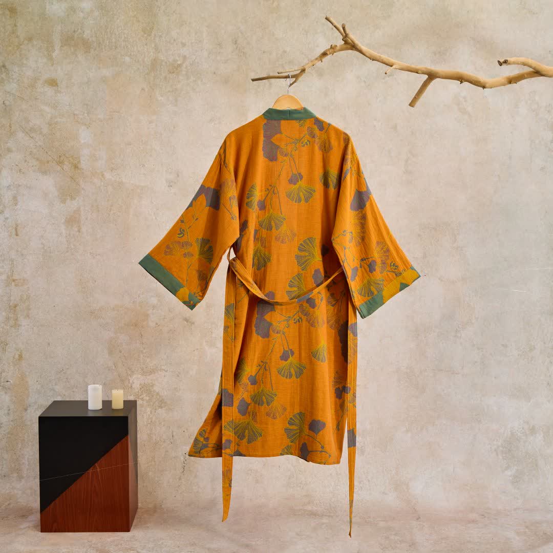 Women's Japanese-Style Cotton Gauze Robe with Oversized Botanical Print | Lightweight Kimono Wrap for Loungewear & Sleepwear | Thomler