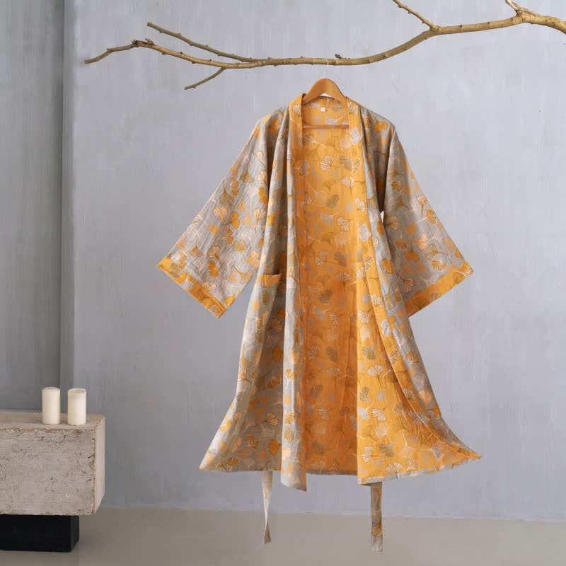Cotton Gauze Kimono Robe Women Men Lightweight Bathrobe Ginkgo Leaf Pattern Unisex Loungewear Spa Wrap Housecoat Sleepwear Quick-Dry | Thomler