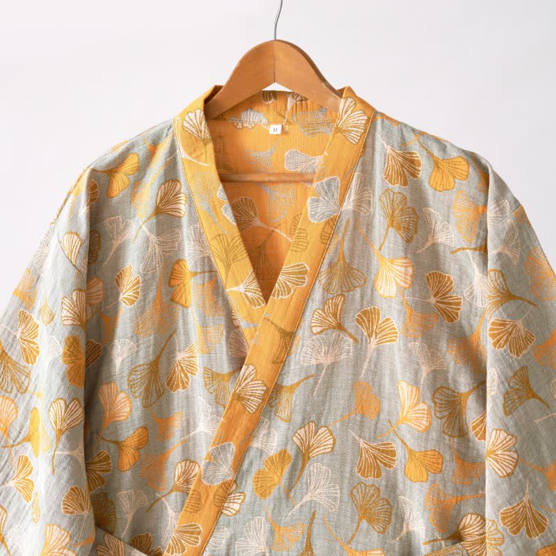 Cotton Gauze Kimono Robe Women Men Lightweight Bathrobe Ginkgo Leaf Pattern Unisex Loungewear Spa Wrap Housecoat Sleepwear Quick-Dry | Thomler