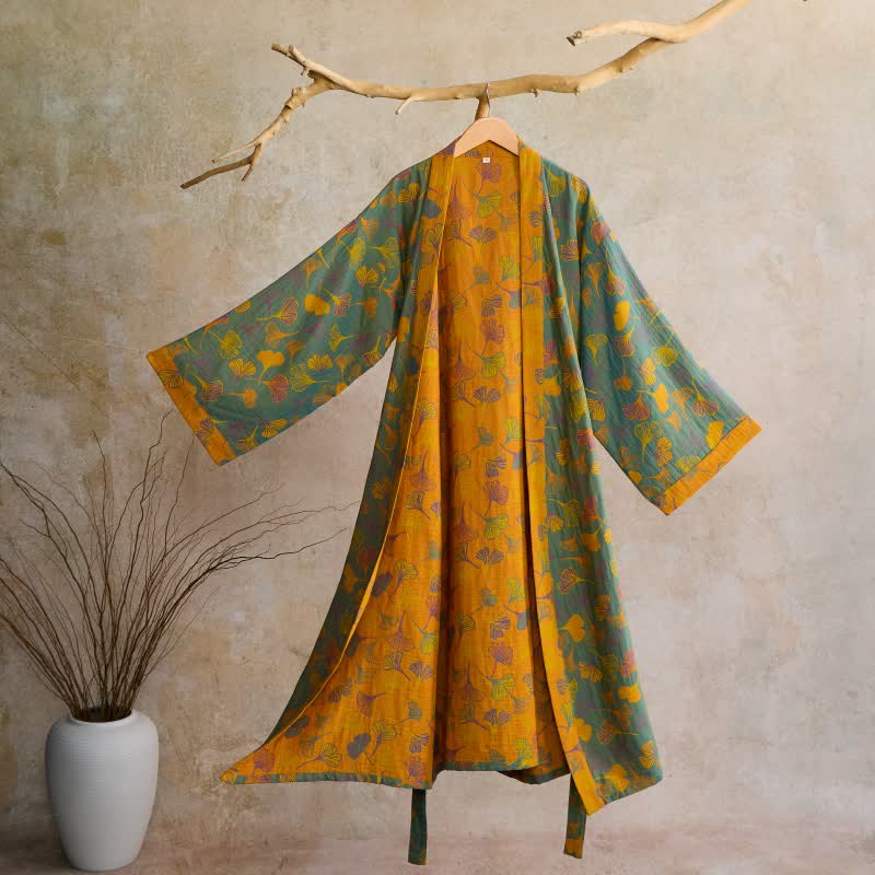Cotton Gauze Kimono Robe Women Men Lightweight Bathrobe Ginkgo Leaf Pattern Unisex Loungewear Spa Wrap Housecoat Sleepwear Quick-Dry | Thomler