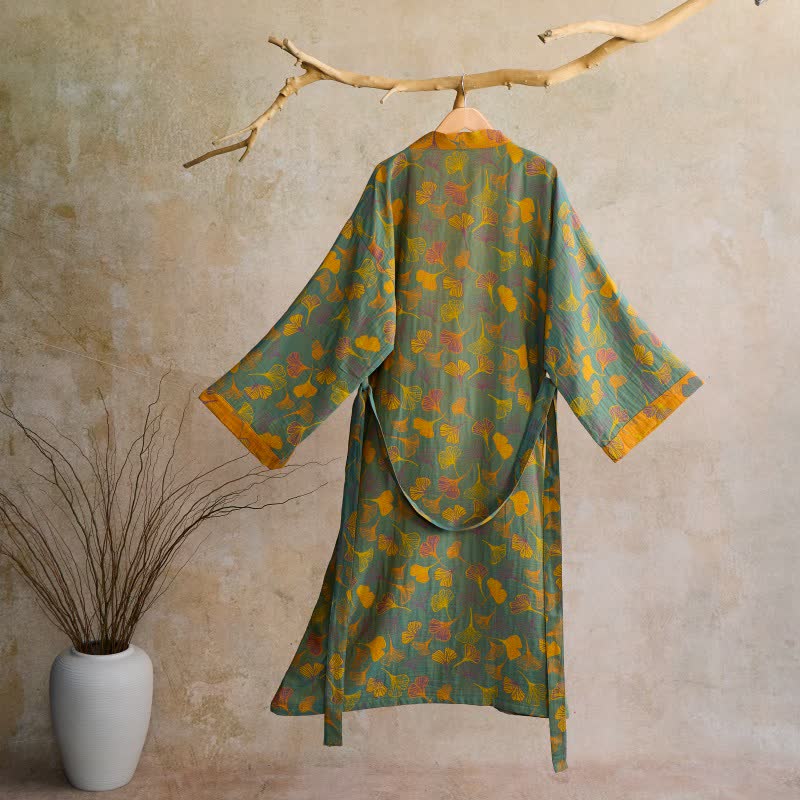 Cotton Gauze Kimono Robe Women Men Lightweight Bathrobe Ginkgo Leaf Pattern Unisex Loungewear Spa Wrap Housecoat Sleepwear Quick-Dry | Thomler