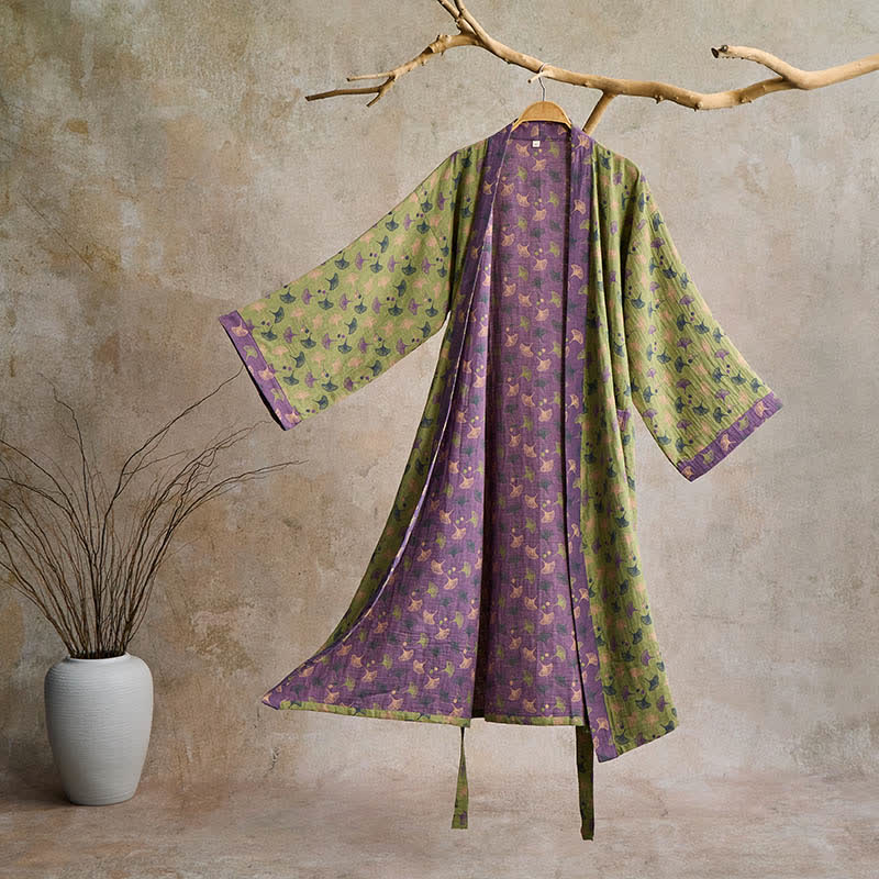 Lightweight Cotton Gauze Kimono Robe for Women & Men – Japanese Style Loungewear with Ginkgo Leaf Print & Adjustable Tie – Breathable | Thomler