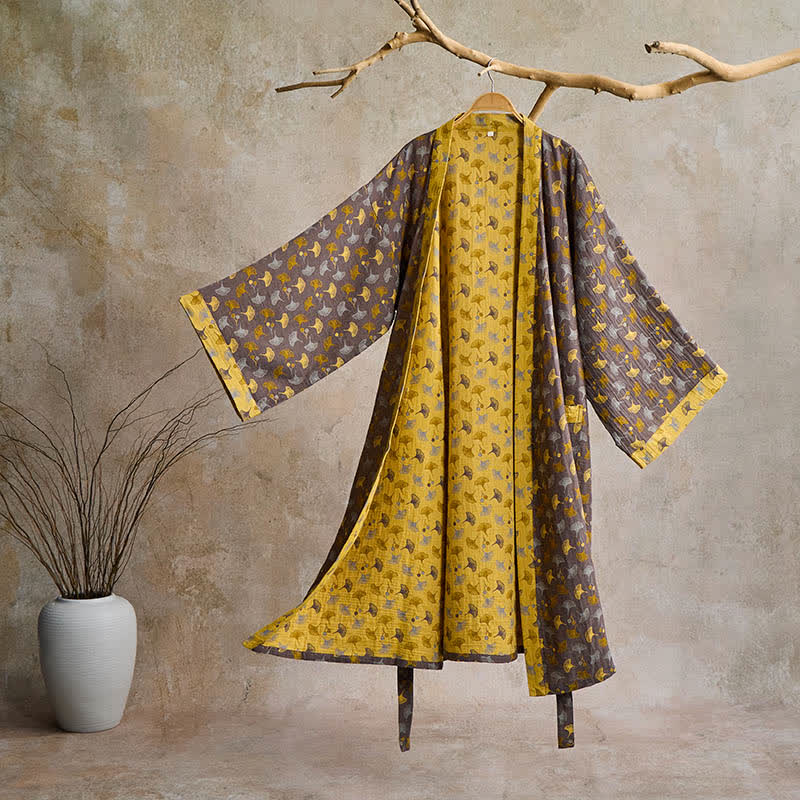Lightweight Cotton Gauze Kimono Robe for Women & Men – Japanese Style Loungewear with Ginkgo Leaf Print & Adjustable Tie – Breathable | Thomler