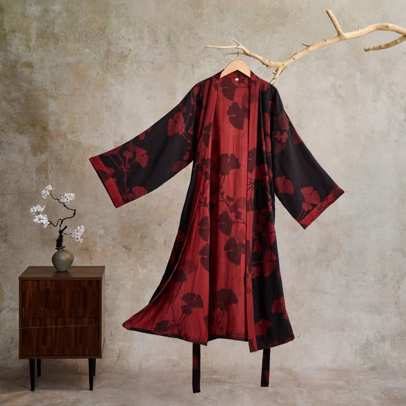 Women's Japanese-Style Cotton Gauze Robe with Oversized Botanical Print | Lightweight Kimono Wrap for Loungewear & Sleepwear | Thomler