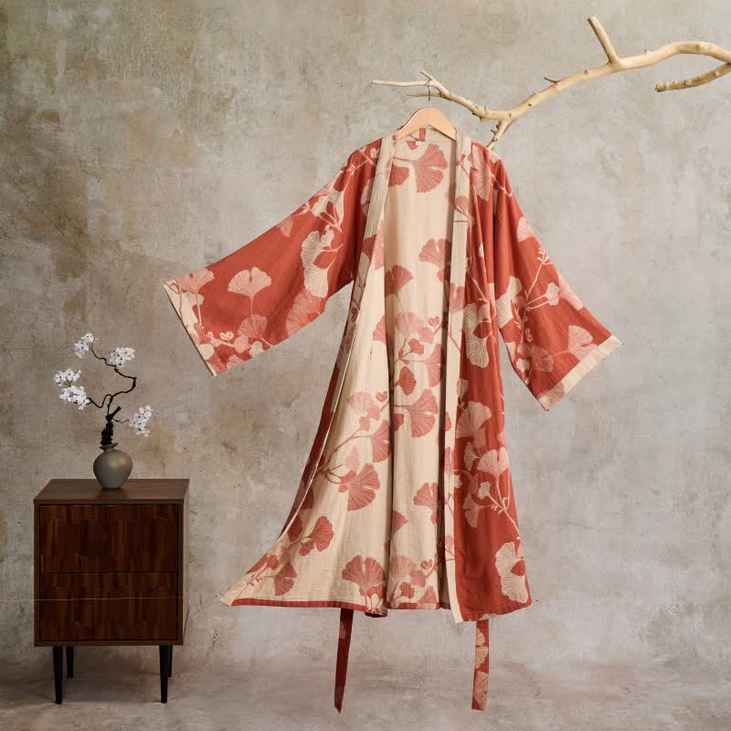 Women's Japanese-Style Cotton Gauze Robe with Oversized Botanical Print | Lightweight Kimono Wrap for Loungewear & Sleepwear | Thomler