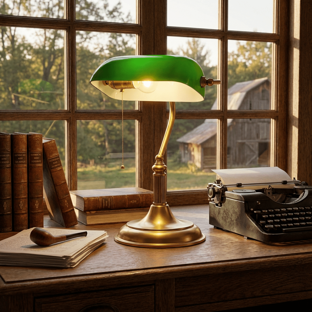 Classic Banker's Desk Lamp with Green Glass Shade – Brass Finish Reading Light for Office & Library | Thomler