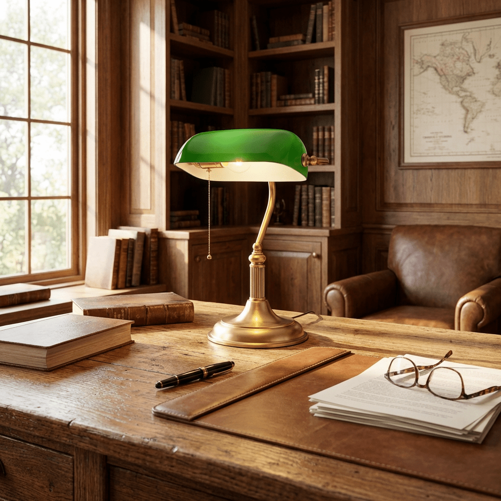 Classic Banker's Desk Lamp with Green Glass Shade – Brass Finish Reading Light for Office & Library | Thomler