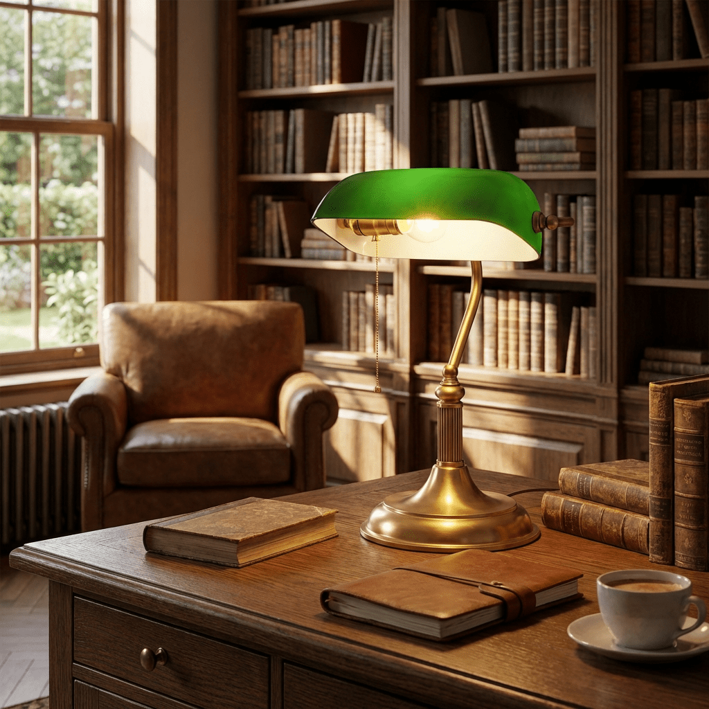 Classic Banker's Desk Lamp with Green Glass Shade – Brass Finish Reading Light for Office & Library | Thomler
