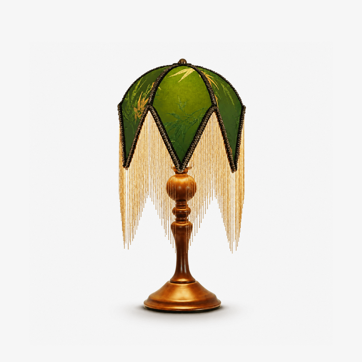 Victorian-Style Table Lamp with Botanical Fringe Shade & Wood Spindle Base – Bedside Accent Light for Living Room, Bedroom & Reading Nook | Thomler