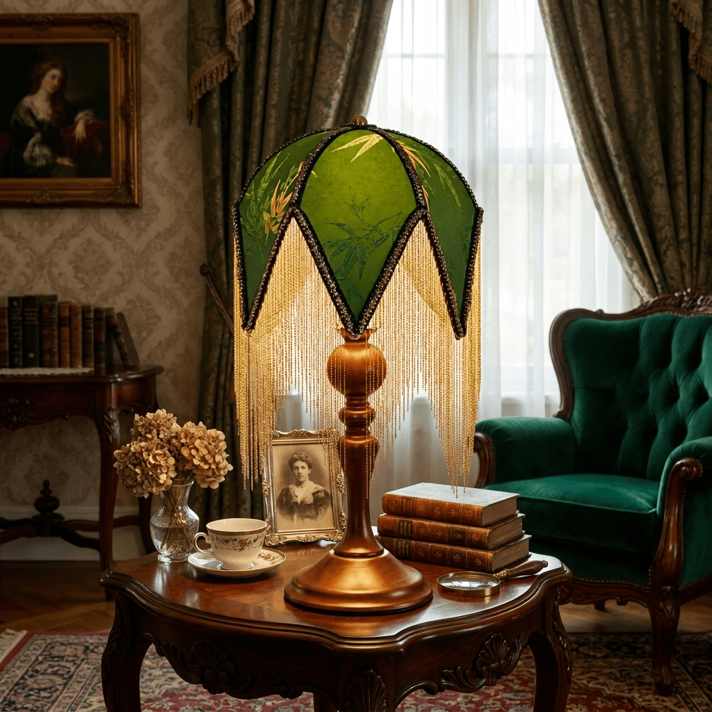 Victorian-Style Table Lamp with Botanical Fringe Shade & Wood Spindle Base – Bedside Accent Light for Living Room, Bedroom & Reading Nook | Thomler