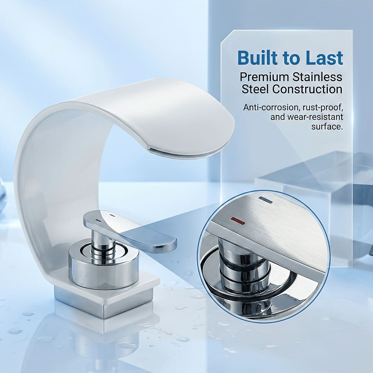 Curved Waterfall Bathroom Sink Faucet with Mirror Finish – Single Handle Hot & Cold Mixer Tap for Modern Vanity & Basin – Polished | Thomler