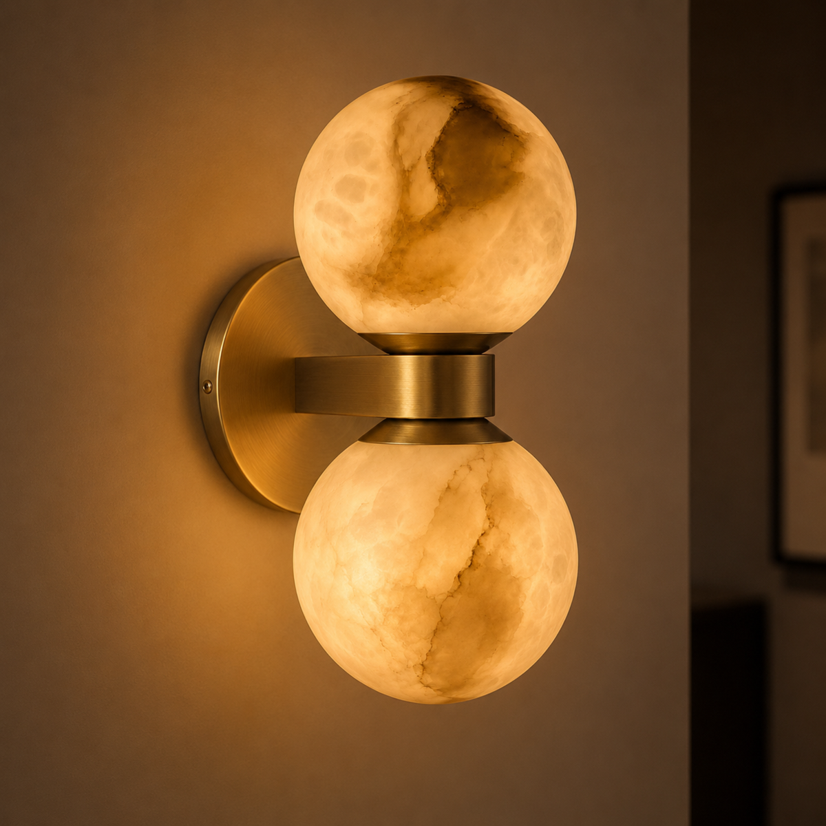Twin Stone Globe Sconce – Polished Gold Bracket with Natural Marble Shades for Bedroom & Hallway | Thomler