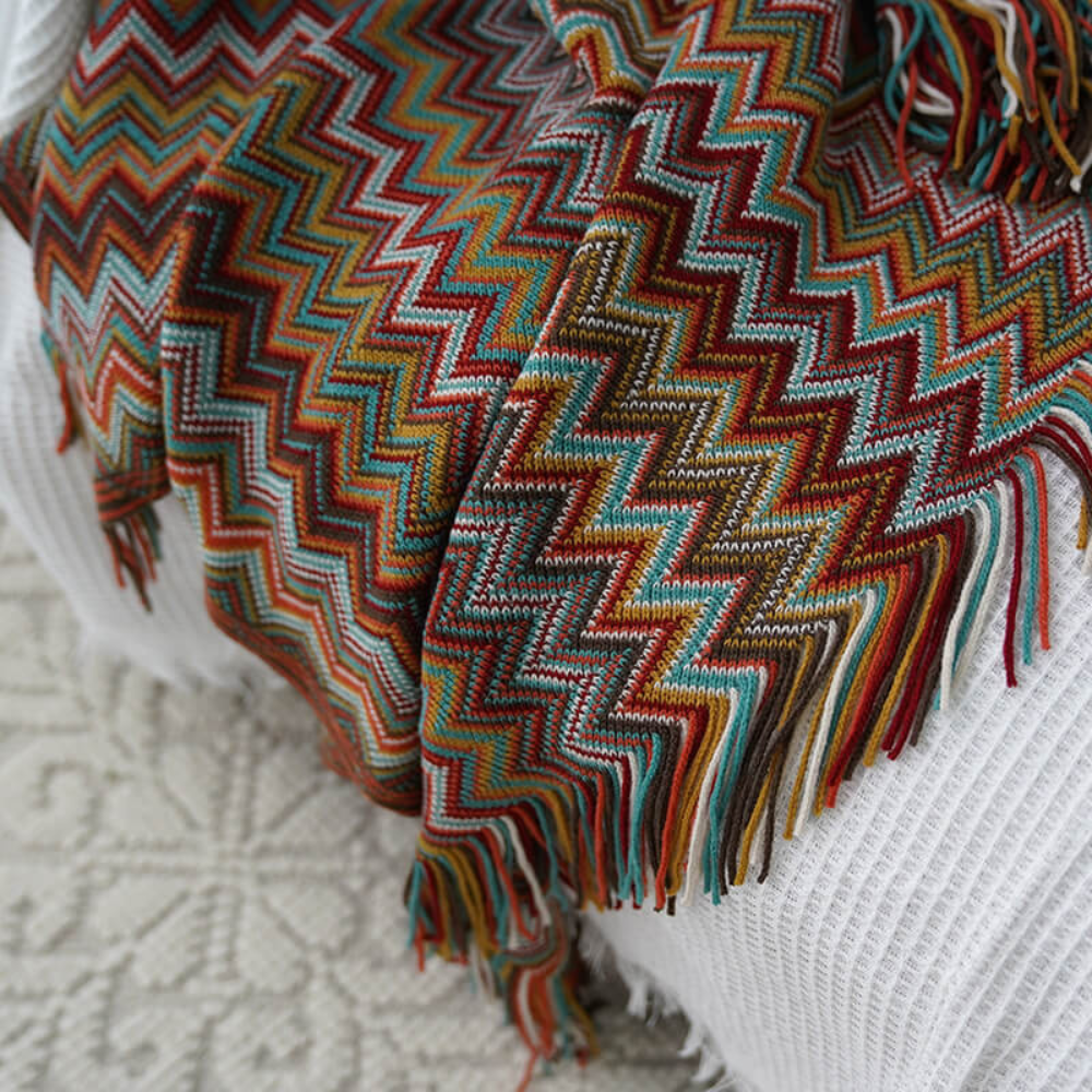 Chevron Knit Throw Blanket with Fringe Trim – Lightweight Acrylic for Year-Round Comfort | Thomler