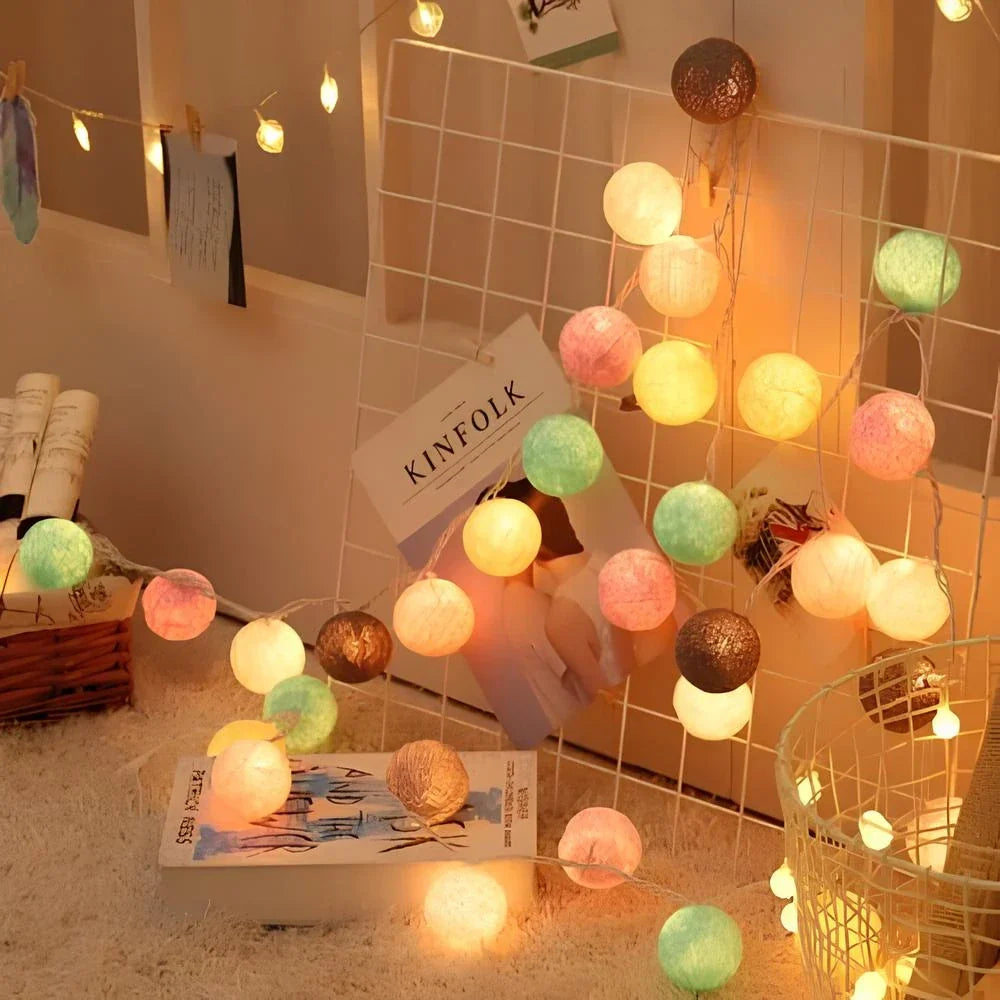 Cotton Ball String Lights LED Garland for Bedroom Living Room Nursery Party Decor USB or Battery Powered Ambient Lighting | Thomler