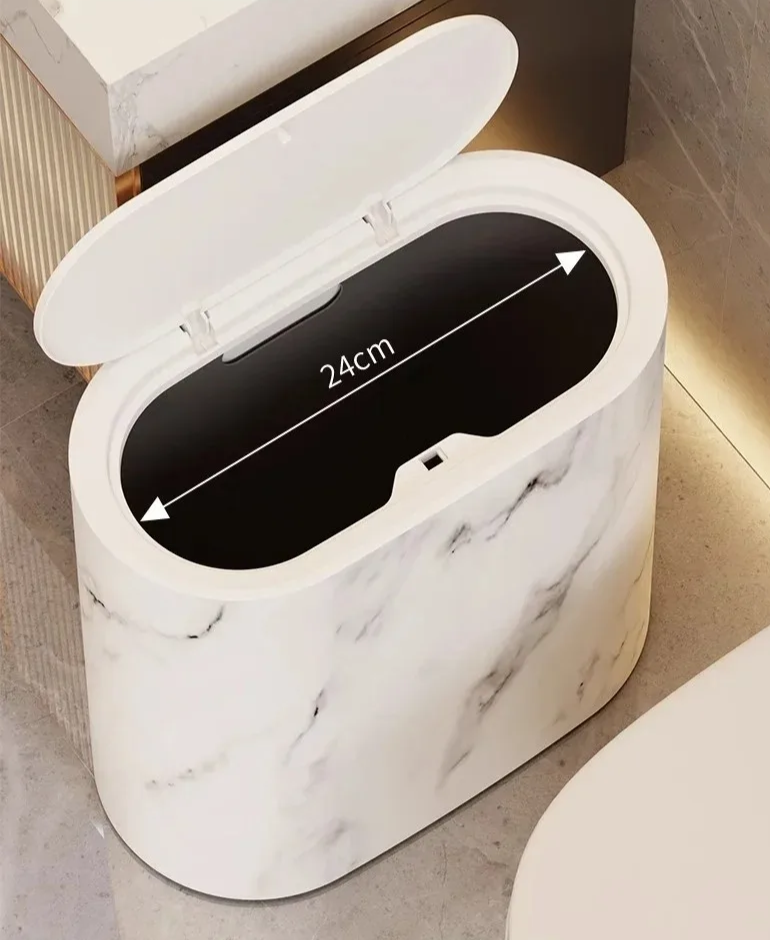 Push-Top Waste Basket with Marble-Look Finish – Slim Oval Design for Small Bathrooms, Bedrooms & Home Offices | Thomler