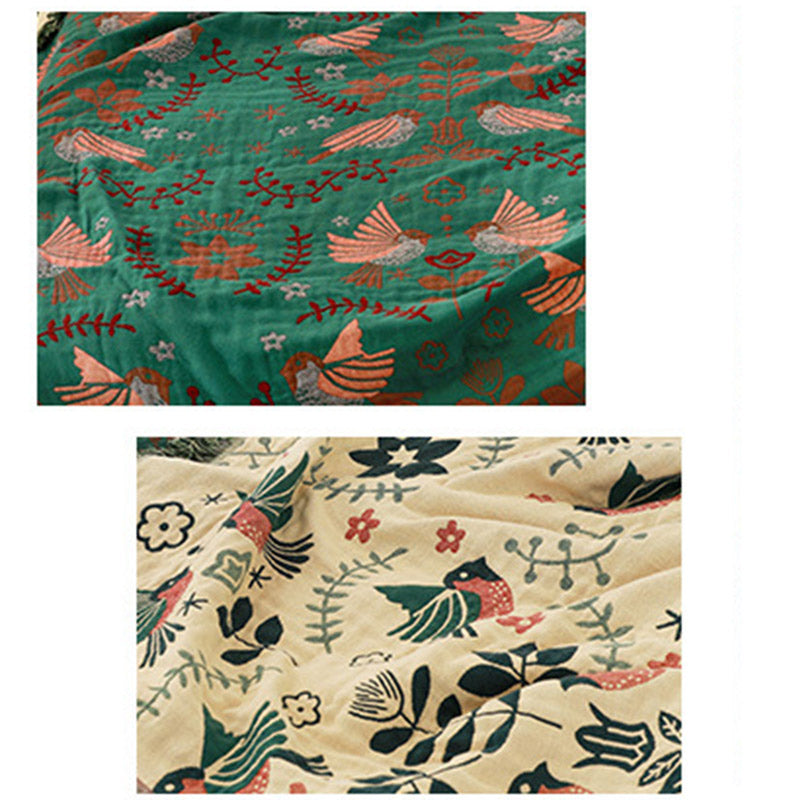 Reversible Cotton Throw Blanket with Woven Bird & Floral Pattern, Tasseled Edge for Couch, Sofa, Bed – Double-Sided Bohemian Home Accent | Thomler