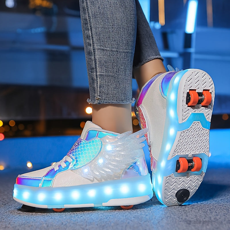 LED Light-Up Roller Skate Sneakers with Wings USB Rechargeable for Girls Kids Teens Boys Outdoor Sports Shoes Wheeled Footwear | Thomler