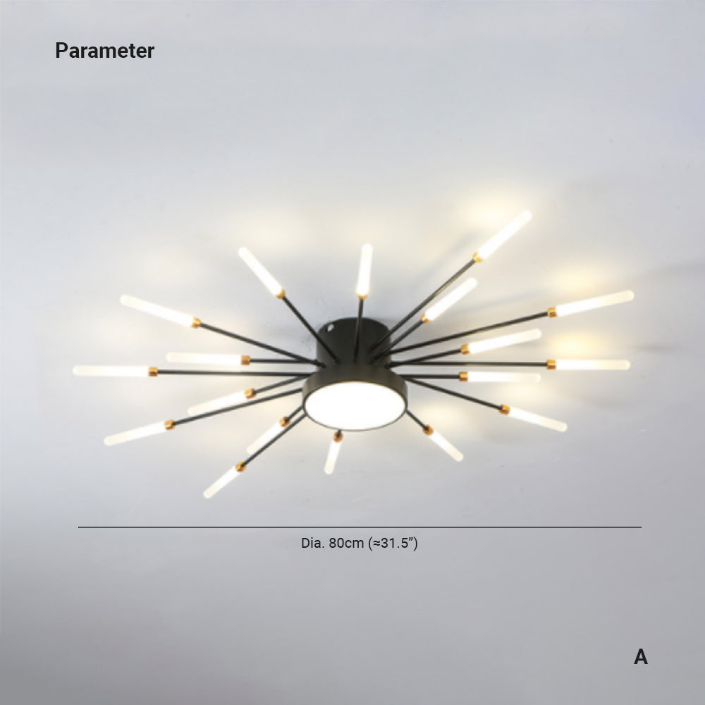 Linear Starburst Flush Mount Ceiling Light with LED Arrays for Living Room and Bedroom in Black or Gold Finish | Thomler