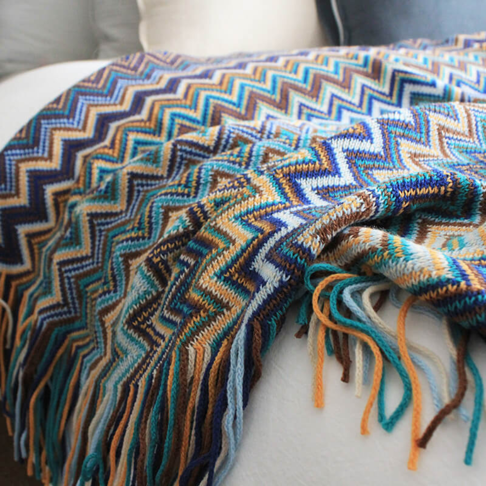Chevron Knit Throw Blanket with Fringe Trim – Lightweight Acrylic for Year-Round Comfort | Thomler