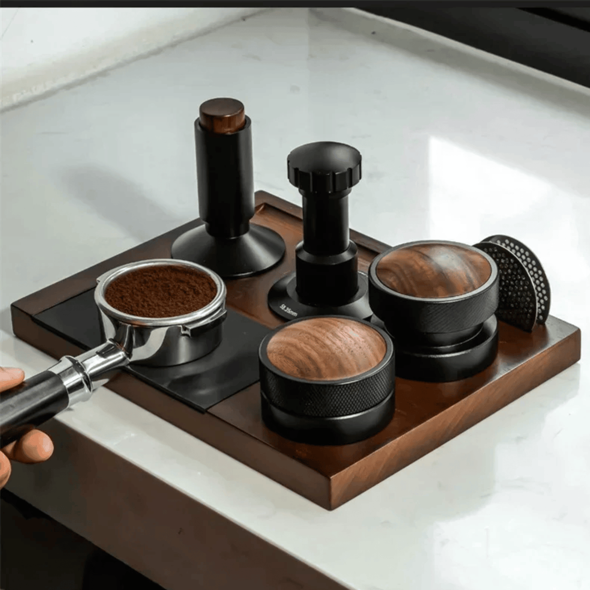 Espresso Tool Organizer with Knock Box – Solid Wood Coffee Counter Station for Home Baristas | Thomler
