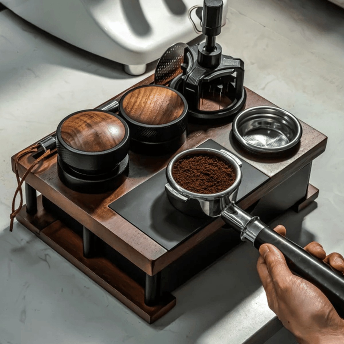Espresso Tool Organizer with Knock Box – Solid Wood Coffee Counter Station for Home Baristas | Thomler