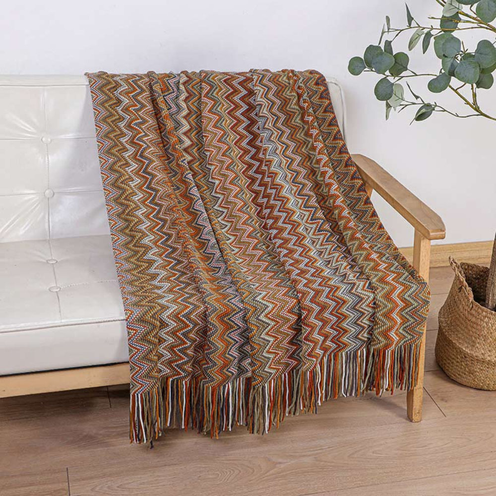 Chevron Knit Throw Blanket with Fringe Trim – Lightweight Acrylic for Year-Round Comfort | Thomler