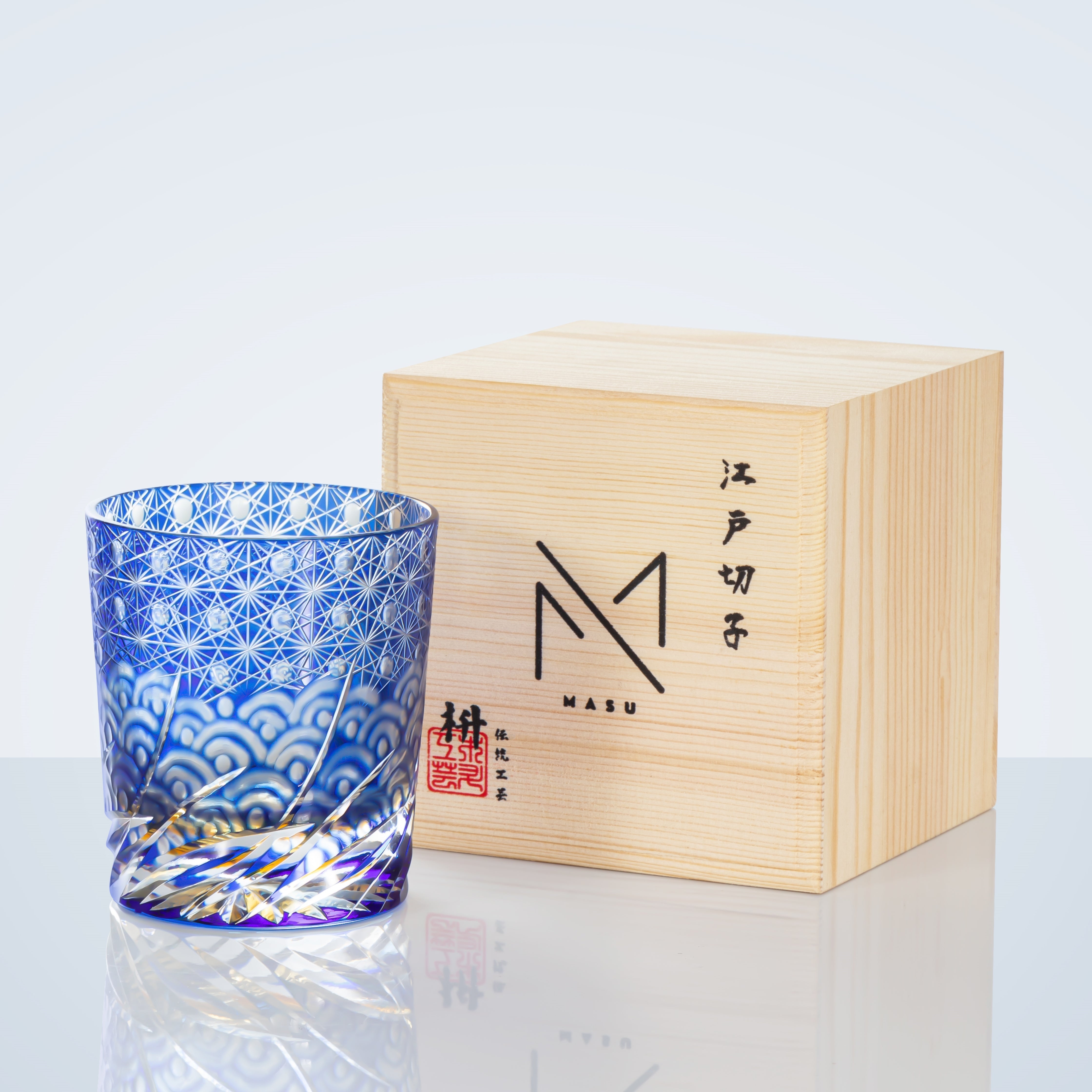 Whiskey Glass Handmade Cut Glass Blue Amber Japanese Whisky Tumbler Gift Collectible Barware Wooden Box | Thomler