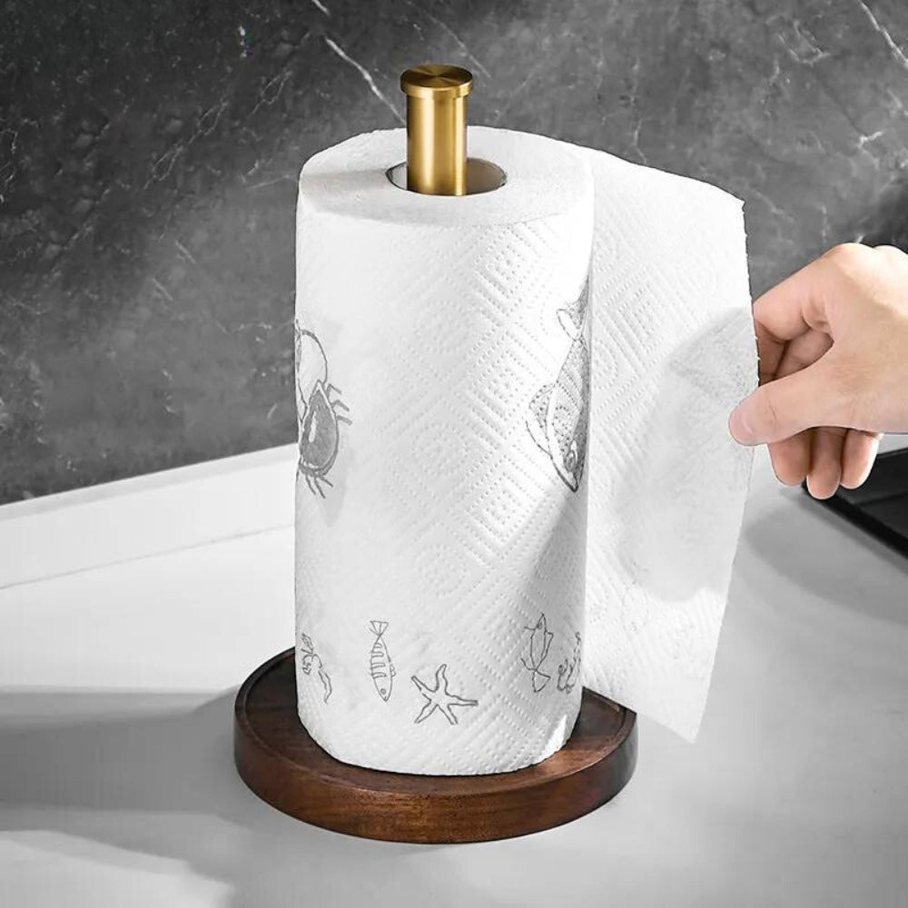 Natural Wood & Metal Kitchen Towel Stand – Countertop Organizer for Paper Rolls | Thomler