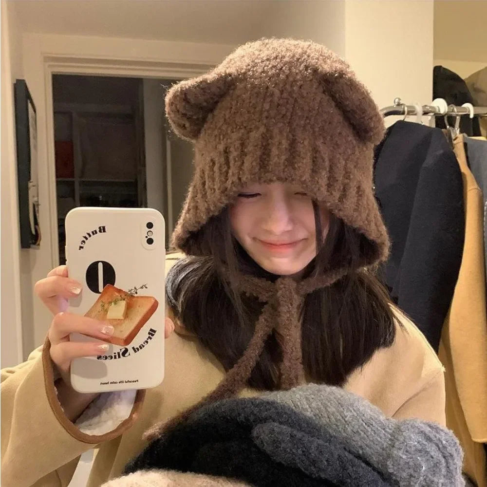 Hooded Knit Cap with Plush Animal Ears – Cozy Tie-Front Winter Hood for Women | Thomler