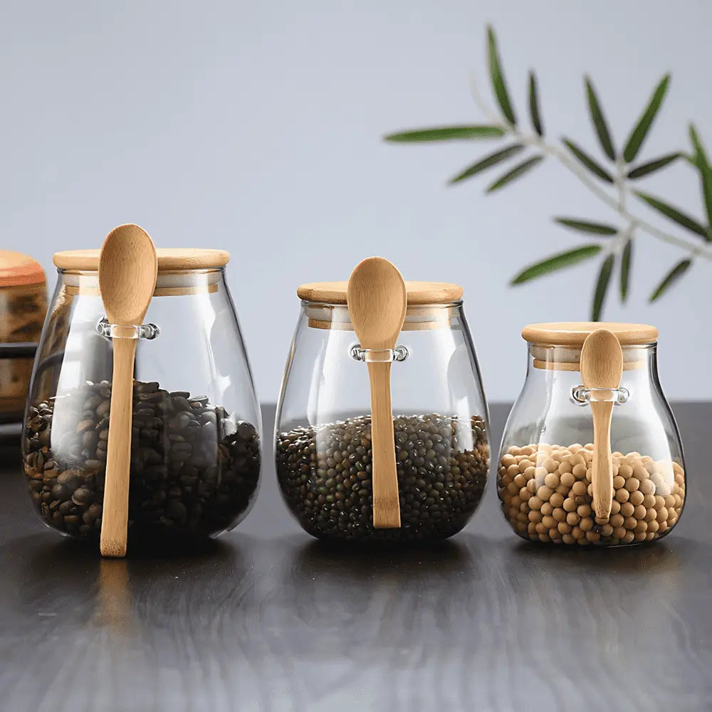 Storage Jar Glass Airtight Bamboo Lid Tea Coffee Kitchen Organiser Dry Food Canister With Spoon | Thomler