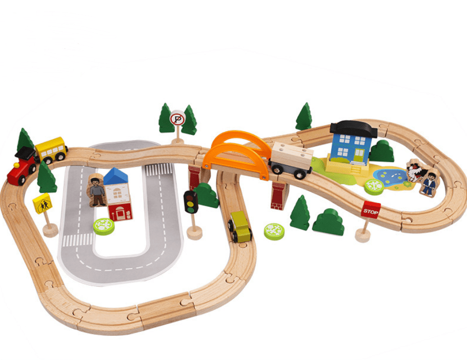 78-Piece Wooden Train Set with Tracks & Town Accessories for Kids | Storage Box Included | Pretend Play Railway Kit for Toddlers Ages 3+ | Thomler