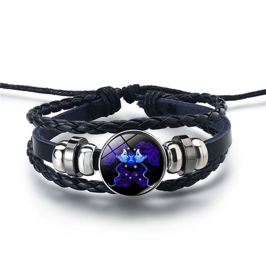 Adjustable Leather Zodiac Bracelet with Blue Stone Charm for Men & Women | Classic Wrist Cuff with Astrology Symbol | Handcrafted Steel & | Thomler