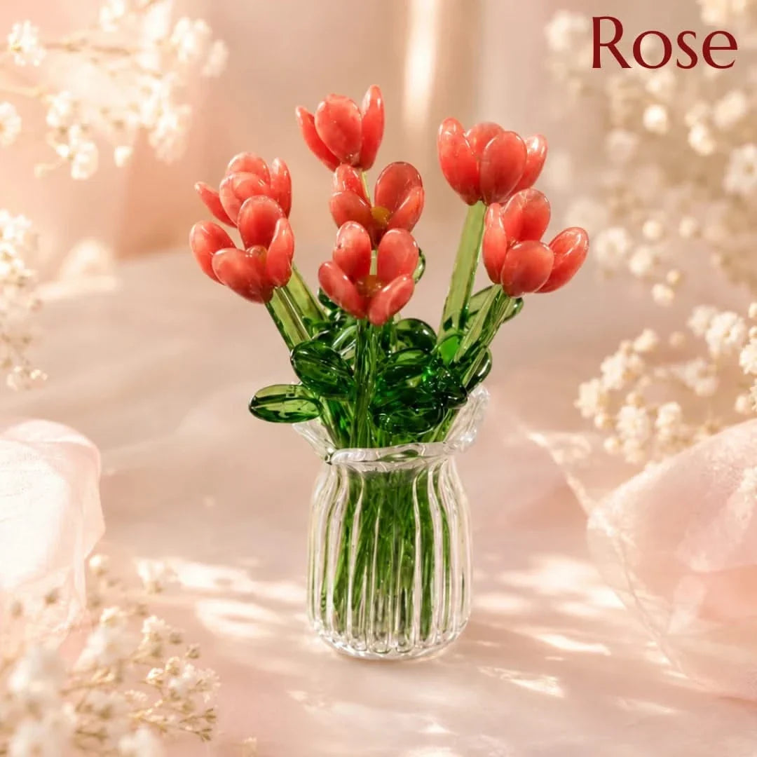 Handblown Glass Flower Display – 7-Bloom Arrangement with Mini Vase – Forever Florals for Shelves & Tabletops | Thomler