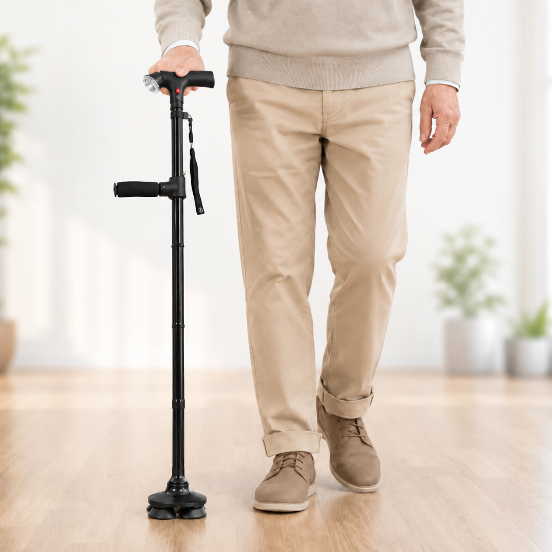 Quad-Base Folding Walking Cane with LED Light & Alarm for Stability, Balance Support & Mobility Aid | Thomler