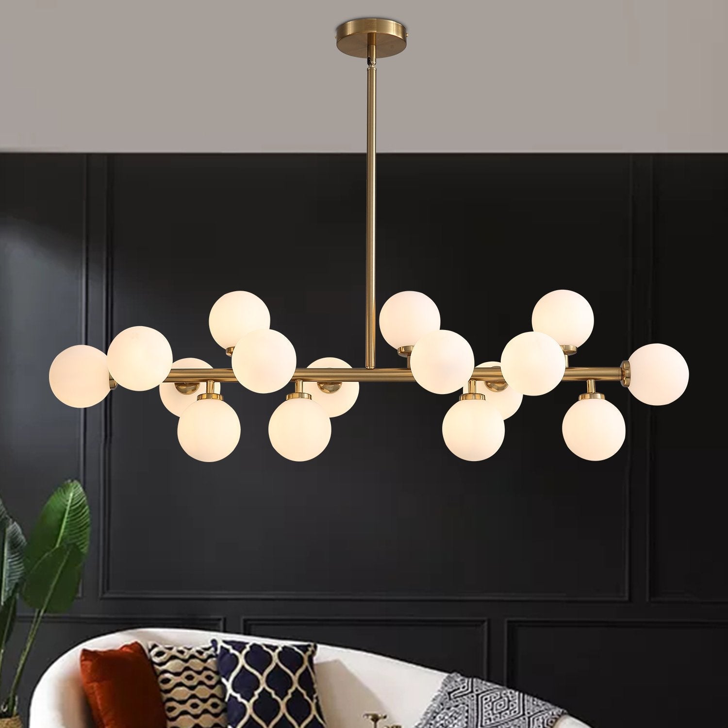16-Light Linear Island Chandelier with Frosted Glass Globes Gold Finish for Dining Room Kitchen | Thomler