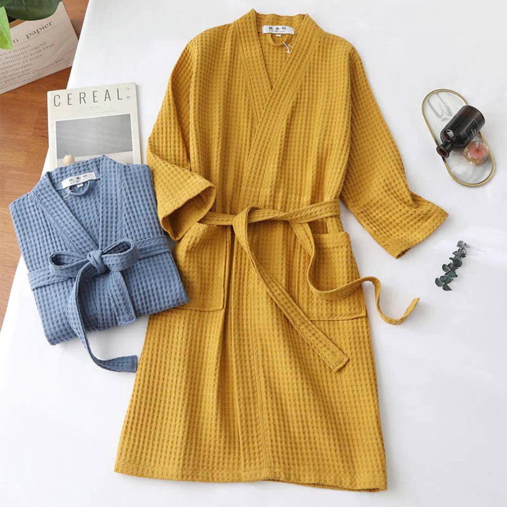 Cotton Waffle Robe V-Neck Lightweight Spa Bathrobe for Women & Men with Pockets Absorbent Loungewear for Bedroom Bathroom Shower | Thomler