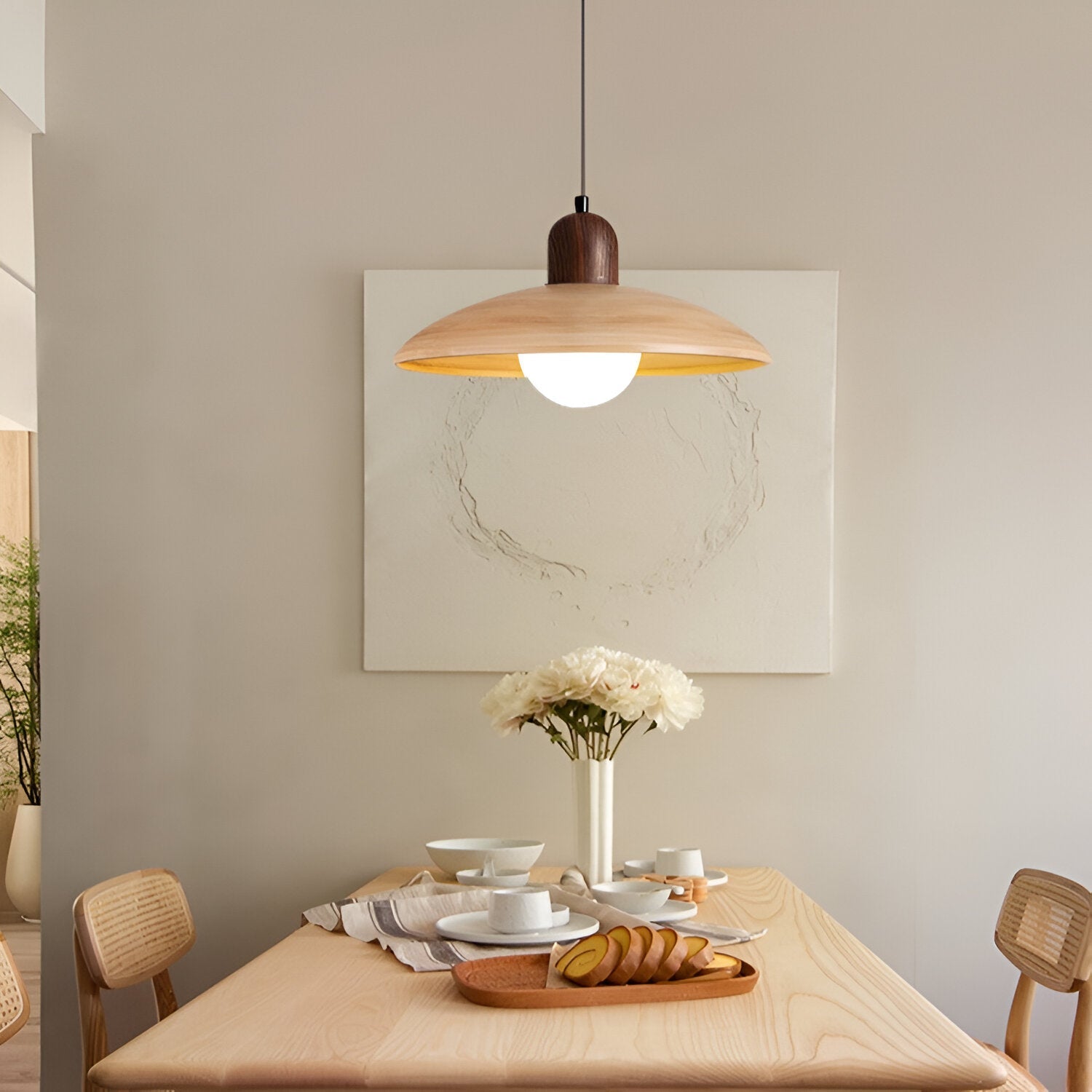 Pendant Light Wood Dome 11.8 in Walnut Dining Room Kitchen Island Hanging Ceiling Lamp Minimalist Japandi Style | Thomler