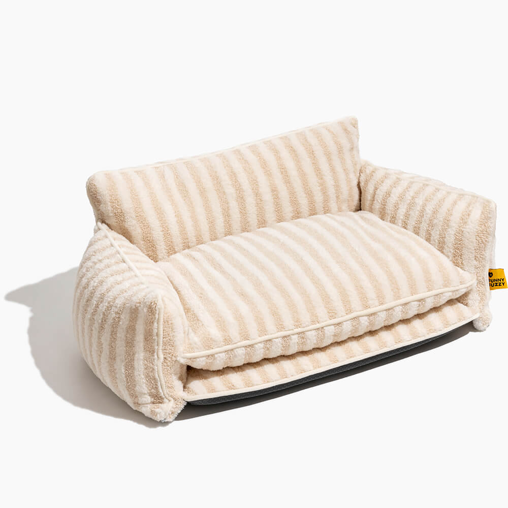 Plush Pet Couch with Washable Cover - Dual-Layer Cushioned Lounger for Dogs & Cats - Striped Fleece Nap Spot | Thomler