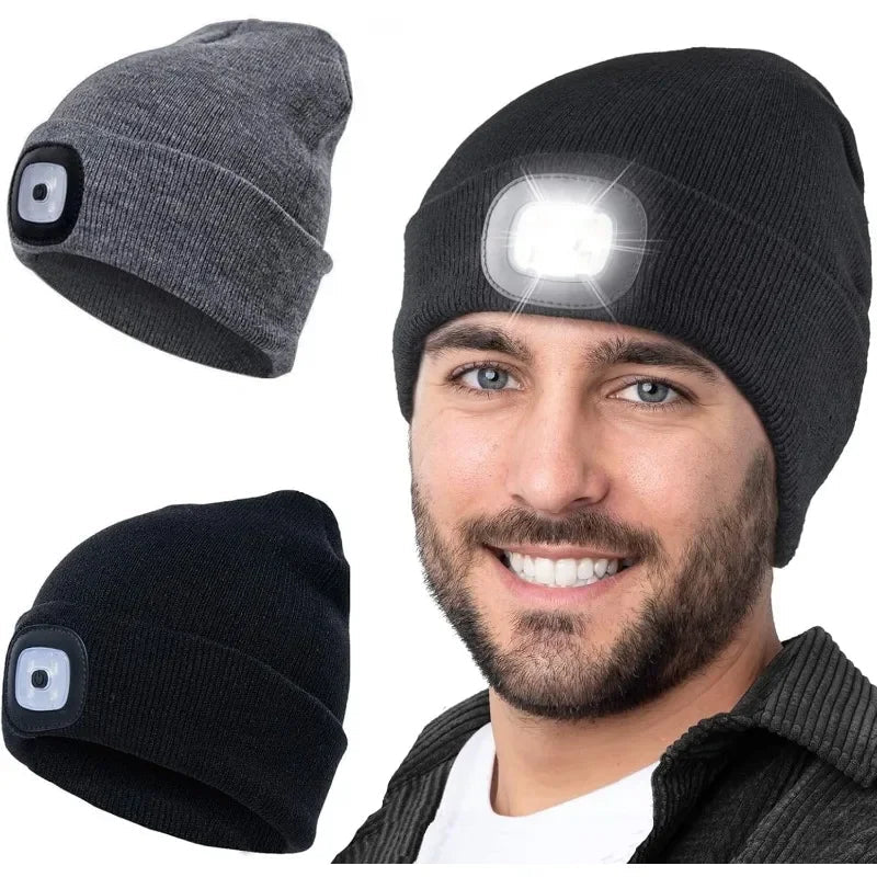 USB Rechargeable Knit Cap with Built-In LED Headlamp for Hands-Free Night Use – Winter Beanie with 3 Brightness Modes for Hiking, Dog | Thomler