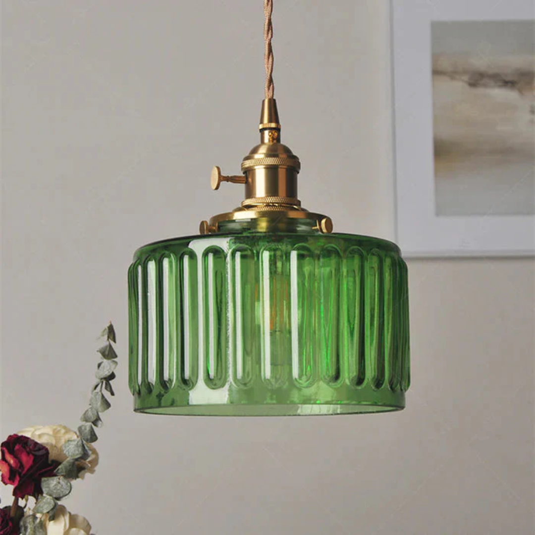 Pendant Light Ribbed Glass E27 Green Adjustable 150.0 cm Dining Room Kitchen Island Hanging Ceiling Lamp | Thomler