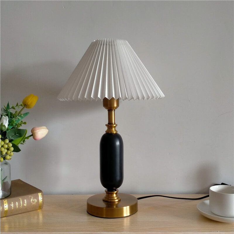 Pleated Bedside Lamp with Metal Base and Fabric Shade for Bedroom, Living Room & Study | E26 Socket | Thomler