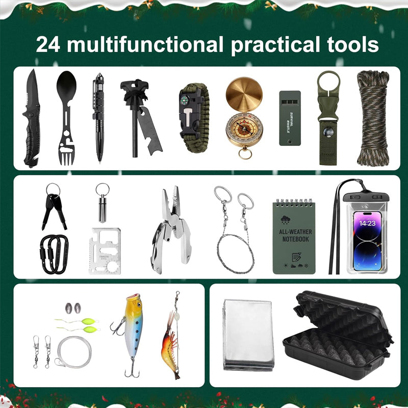 Holiday Countdown Outdoor Gear Calendar with 24 Daily Tools for Camping Hiking & Wilderness Adventures – December Gift Box Set for Men Women | Thomler